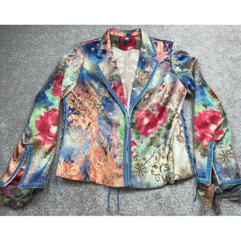 Boho Chic Womens Floral Paisley Tapestry Lace Up Velvet Trim Blazer Jacket 14